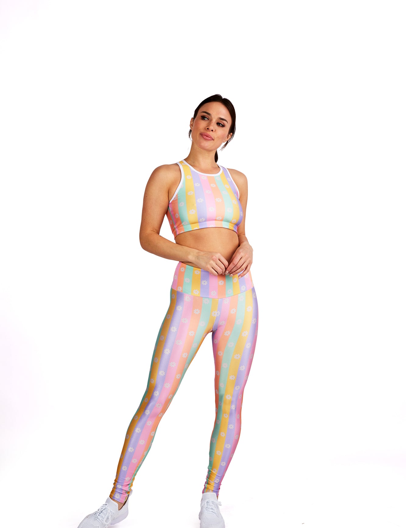 Pastel Rainbow Floral Stripes Legging - Goldsheep Clothing