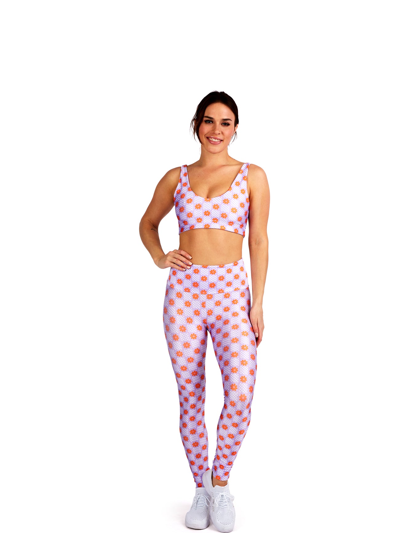 Lavender Floral Wavy Checkers Legging - Goldsheep Clothing