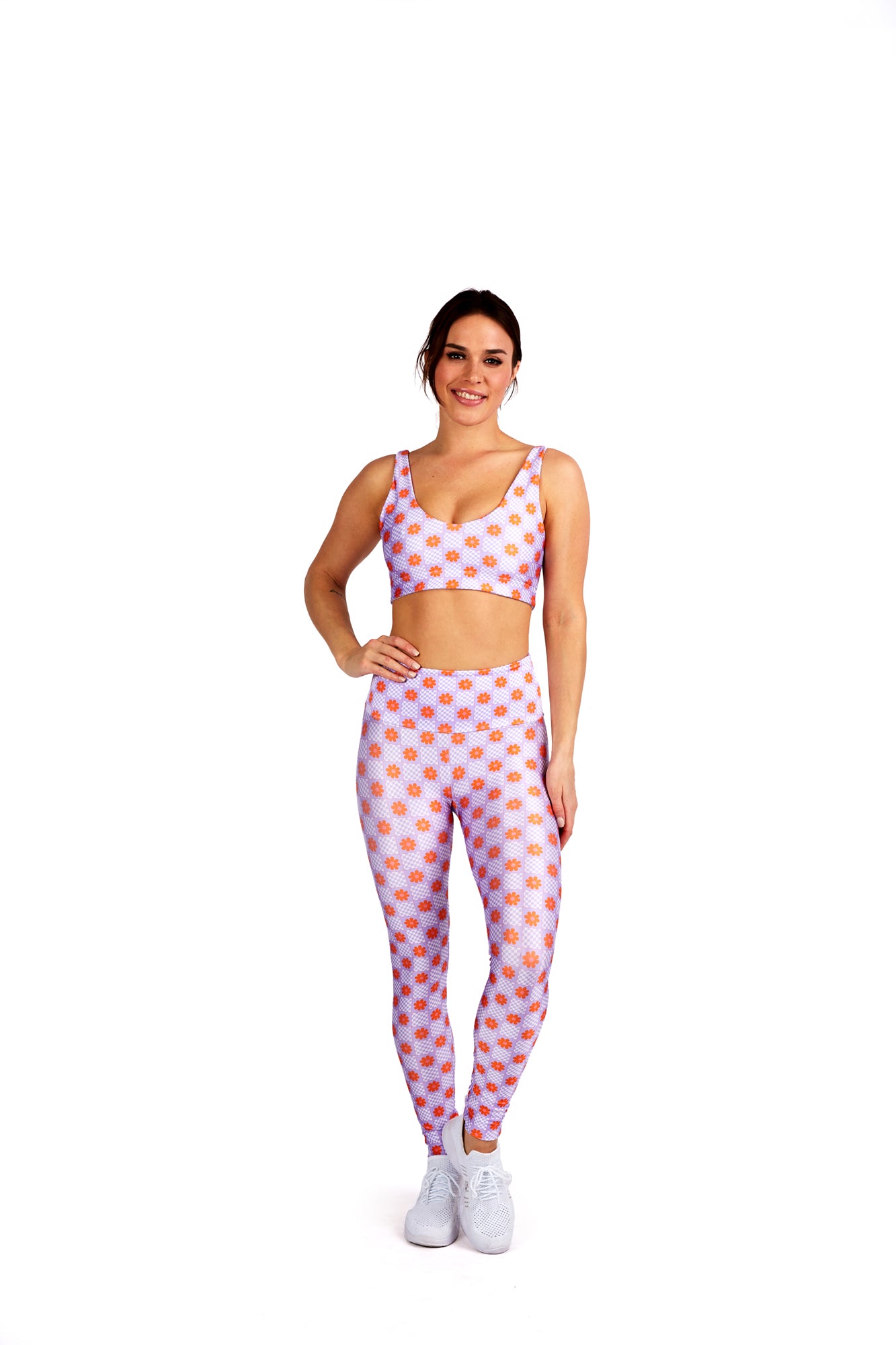 Lavender Floral Wavy Checkers Legging - Goldsheep Clothing