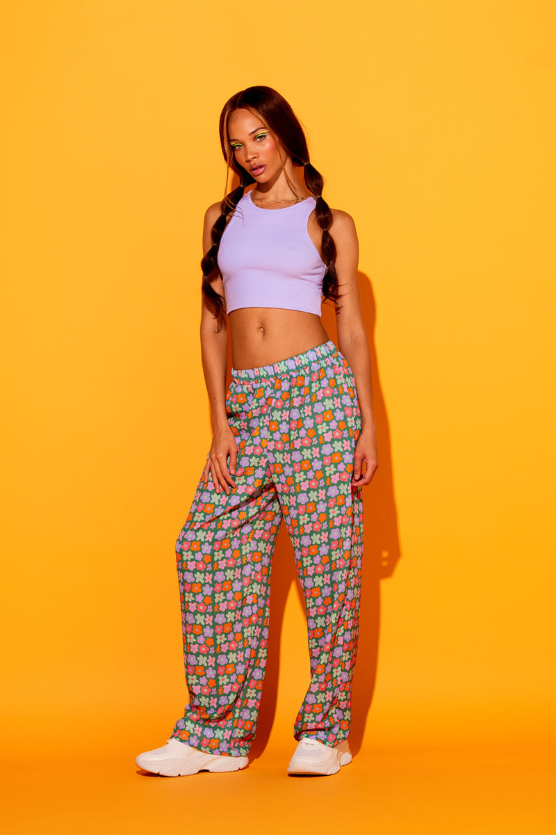Green Pastel Flowers Flowy Pants